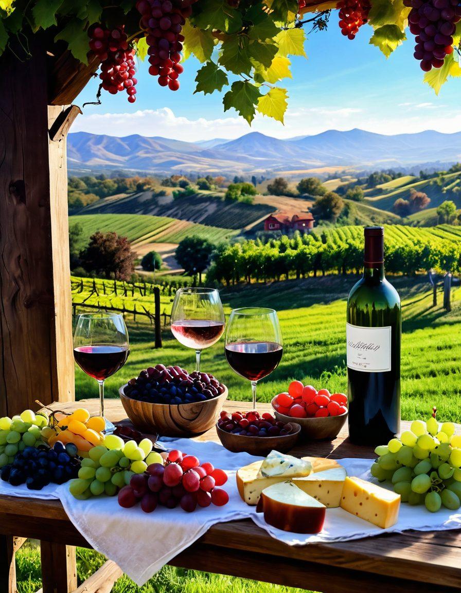 A vibrant scene depicting a rustic vineyard with lush grapevines, showcasing a variety of grapes in deep reds, greens, and purples. In the foreground, elegant wine glasses filled with red, white, and sparkling wine catch the sunlight, surrounded by cheese and fruits on a wooden table. A joyful gathering of friends cheers with their wine glasses, laughter and celebration radiating through the air. The backdrop features rolling hills under a clear blue sky, capturing the essence of a delightful wine experience. super-realistic. vibrant colors. outdoor setting.