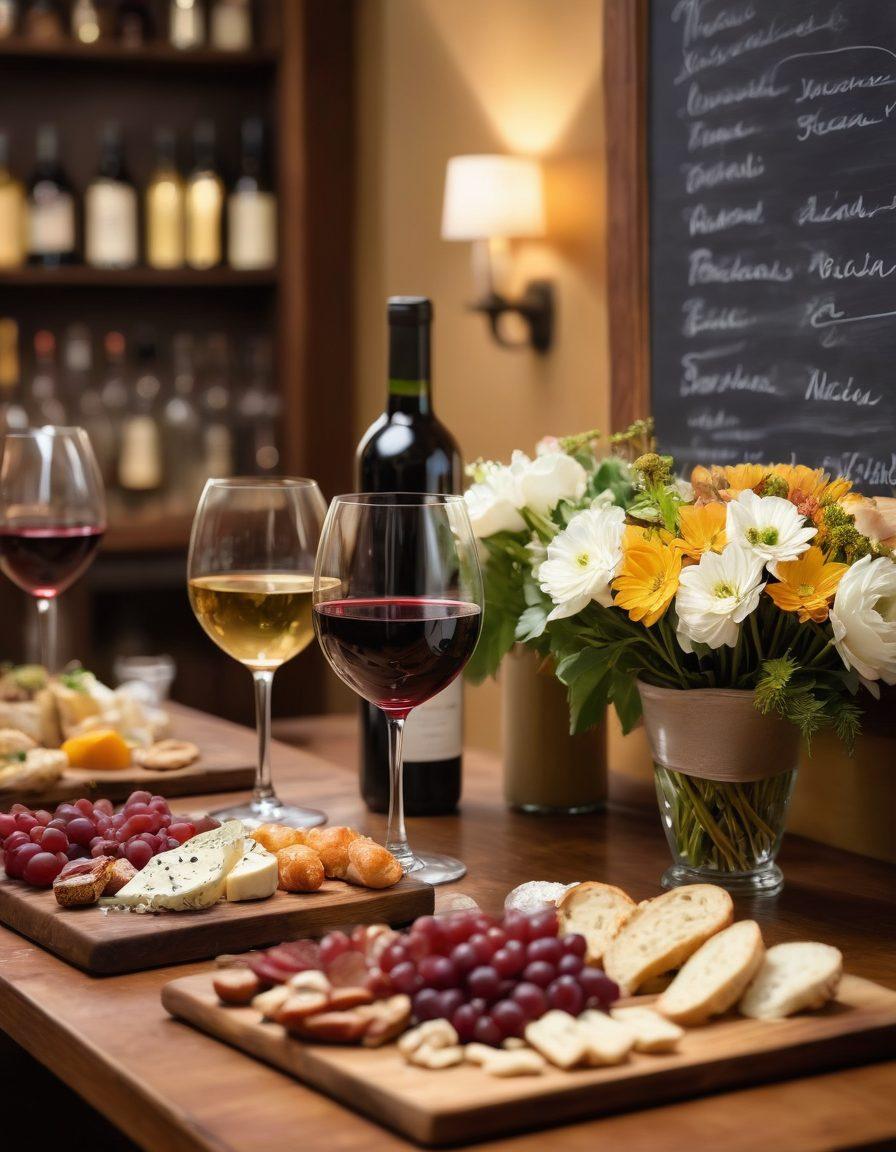 A cozy wine bar setting with elegantly arranged wine glasses filled with deep red and crisp white wines, surrounded by small gourmet appetizers. Soft warm lighting creates an inviting atmosphere, with people laughing and toasting in the background. A chalkboard menu showing various wine options and a small bouquet of fresh flowers on the table adds charm. Capture the joy of togetherness and the rich culture of wine tasting. super-realistic. warm tones. inviting atmosphere.